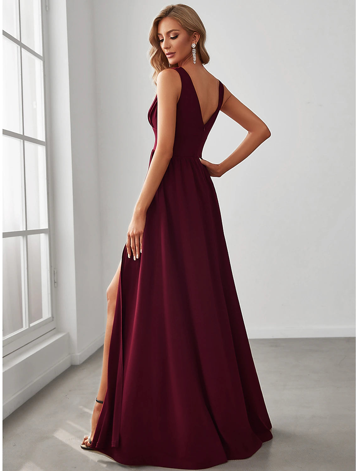 Wholesale A-Line Prom Dresses High Split Dress Wedding Guest Formal Evening Floor Length Sleeveless V Neck Bridesmaid Dress Chiffon V Back